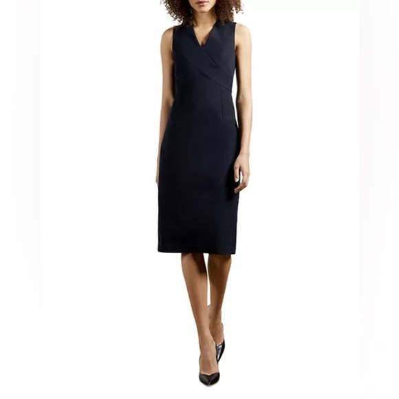 $295 Ted Baker London Women's Navy Crossover Sheath Midi Dress Size Small (2) - Picture 1 of 8